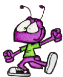 Purple cartoon character with antennae, green shirt, purple pants, and white sneakers in four distinct poses against gray background.