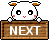 Pixel art animation of a white hamster-like character peeking over a wooden sign with 'NEXT' text, showing two frame variations in a contact sheet layout.