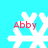 Four white snowflake icons with red text 'Abby' on a cyan background, each showing distinct pixelated variations of the snowflake design.