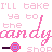 Pixel art contact sheet showing two animated frames of a candy shop-themed text animation with lollipops and repeated lyrics.