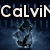 Pixelated image with large white text 'Calvin' at top, dark blue background with lighter blue pixel clusters below.