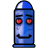 Blue cylindrical character with white top and black base, displaying two expressions: neutral face with heart-shaped eyes and smiling mouth, then heart-shaped eyes with blurred motion effect.