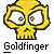 Pixelated yellow skull with large white eyes and black pupils, outlined in black, positioned above the text 'Goldfinger' on a gray background.