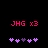 Pixelated red text 'JHG x3' above two of purple and pink heart icons on a black background
