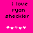 Pixelated text 'i love ryan sheckler' on bright pink background with five heart symbols below, two versions showing animation changes in heart positions.