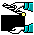 Pixelated animation shows a black rectangular shape with white and cyan elements, transitioning from a checkered pattern to solid white in the center.