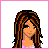 A 4x4 contact sheet of a pixel art animated icon featuring a cartoon girl with long brown hair and pink dress, showing facial expressions, body poses, and text variations on a pink background.