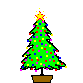 Two pixelated green Christmas trees with yellow stars, brown pots, and multicolored square lights on gray background.