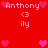 Red background with repeated pixelated text 'Anthony' and 'ily' surrounded by pink hearts, arranged in a pattern with heart symbols at corners and center