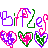 Pixel art collection of character icons with text and heart symbols in multiple colors, featuring repeated 'ballin!' phrases and stylized names like 'Mere' and 'Susan'.