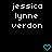 Black background with white pixelated text reading "jessica lynne verdon" in three lines, two cyan heart symbols at bottom center.