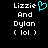 Pixelated text displays 'Lizzie And Dylan (lol)' with a cyan heart symbol replacing the 'o' in 'Lizzie' on the left side of a split-screen layout.