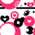 Pixelated icon with pink and black shapes including hearts, circles, and curved lines on a white background.
