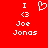 Red background with white pixelated text and symbols: 'I', '<3', 'Joe', 'Jonas' on left; identical layout with a heart symbol replacing '<3' on right.