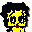 Pixelated character with black hair, yellow face, blue eyes, and red mouth in four variations showing different eye and hair positions.