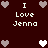 Dark red background with pixelated hearts and text reading "I Love Jenna" in white.