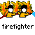 Pixelated icon of two cartoon figures with black hair and white eyes, surrounded by orange and yellow flames, with a blue flame on the right and red flame on the left, below which is the word 'firefighter' in black pixelated text.