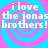Pixelated text reads 'i love the jonas brothers!' over a pink and cyan spiral background in four identical quadrants.