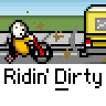 Pixel art animation of a stick figure riding a motorcycle with dirt effects, displayed in a contact sheet format with repeated text "Ridin' Dirty" below each frame.
