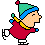 Pixelated character in red outfit and green-blue hat performs ice skating motion across showing body position changes