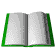 Animated sequence of an open book with green borders, pages flipping through various states from fully open to closed.