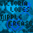 Blue pixelated background with repeating heart shapes and text overlays including 'VICTORIA LOVES NIPPLE CREASE' in white and blue fonts.