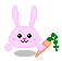 Pixelated pink bunny with white spots holds orange carrot with green leafy top; four variations show different eye and mouth expressions on gray background.
