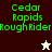 Green pixelated text "Cedar Rapids Rough Rider" on dark and light backgrounds with a white star icon above a brown star icon.