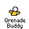 Animated contact sheet of a yellow stick figure character labeled 'Grenade Buddy' in various states from standing to explosion, displayed on gray background with visible transparency artifacts.