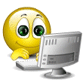 Yellow cartoon face with green eyes and raised eyebrows typing on a silver desktop computer, repeated in four of five identical icons