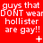 Red background with repeated white text 'guys that DONT wear hollister are gay!!' in a pattern, featuring small animated symbols like plus signs and dots