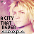 Pixelated image of a person with blonde hair and purple background, text reads "A CITY THAT NEVER SLEEPS" in blocky font.
