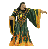 Pixelated figure in dark green and gold robe with orange accents, standing against gray background, right arm extended forward.