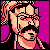 Pixel art portrait of a bearded man with glasses against a magenta background, rendered in 8-bit style with black outlines and pink/orange color palette.