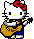 Pixel art of a white cat with red bow, yellow cheeks, black eyes and nose, wearing blue and gold outfit holding brown object.