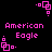 Pixelated pink text and geometric shapes on a black background, with 'American Eagle' text and square-dot patterns in four corners.