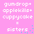 Pixelated text on pink background shows 'gumdrop+applekills+cuppycake = sisters' with cyan dots, two identical frames with slight dot variation.