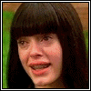 nine pixelated frames showing a figure with long dark hair transitioning from realistic to cartoonish facial features against changing backgrounds