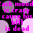 Pixelated text repeats across a black background with purple and white circular shapes, displaying phrases like 'ack mood is crazy cause his bff is dead' in bright pink letters.