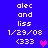 Blue background displays white text 'alec and liss 1/29/08 <333' with a heart symbol changing color between pink and purple.
