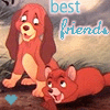 Pixelated cartoon image of two dogs with text 'best friends' and a blue heart symbol.