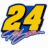 A pixelated yellow '24' with black outlines and blue accents, set against a white background with blurred pink and purple motion trails.