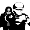 Black-and-white cartoon-style animation of two figures walking side-by-side, with the foreground figure's pose changing across frames.