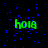 Green pixelated text 'hola' on black background with scattered blue pixels, partially obscured by gray rectangle in bottom right.