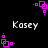 Pixelated pink square-based animation with white text 'Kasey' on black background, showing four distinct frame positions.