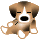 Pixelated cartoon dog with brown and white fur, black eyes closed in a squint, mouth open wide showing black interior against gray background.
