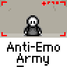 Animated contact sheet of pixel art icons featuring a white stick figure with black eyes and gray body, some in green armor or accessories, arranged in 5x5 grid on gray background with red corner markers.