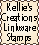 A vertical stack of pixelated text banners showing 'Kellie's Creations Linkware Stamps' with varying text color and background brightness across three