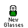 Animated contact sheet of a pixel art character with green body and white head, showing multiple frames of facial expressions and hand gestures including speech bubbles.