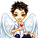 Animated character with brown hair and blue eyes holds a red heart symbol, wearing white shirt and blue pants with white wings behind.
